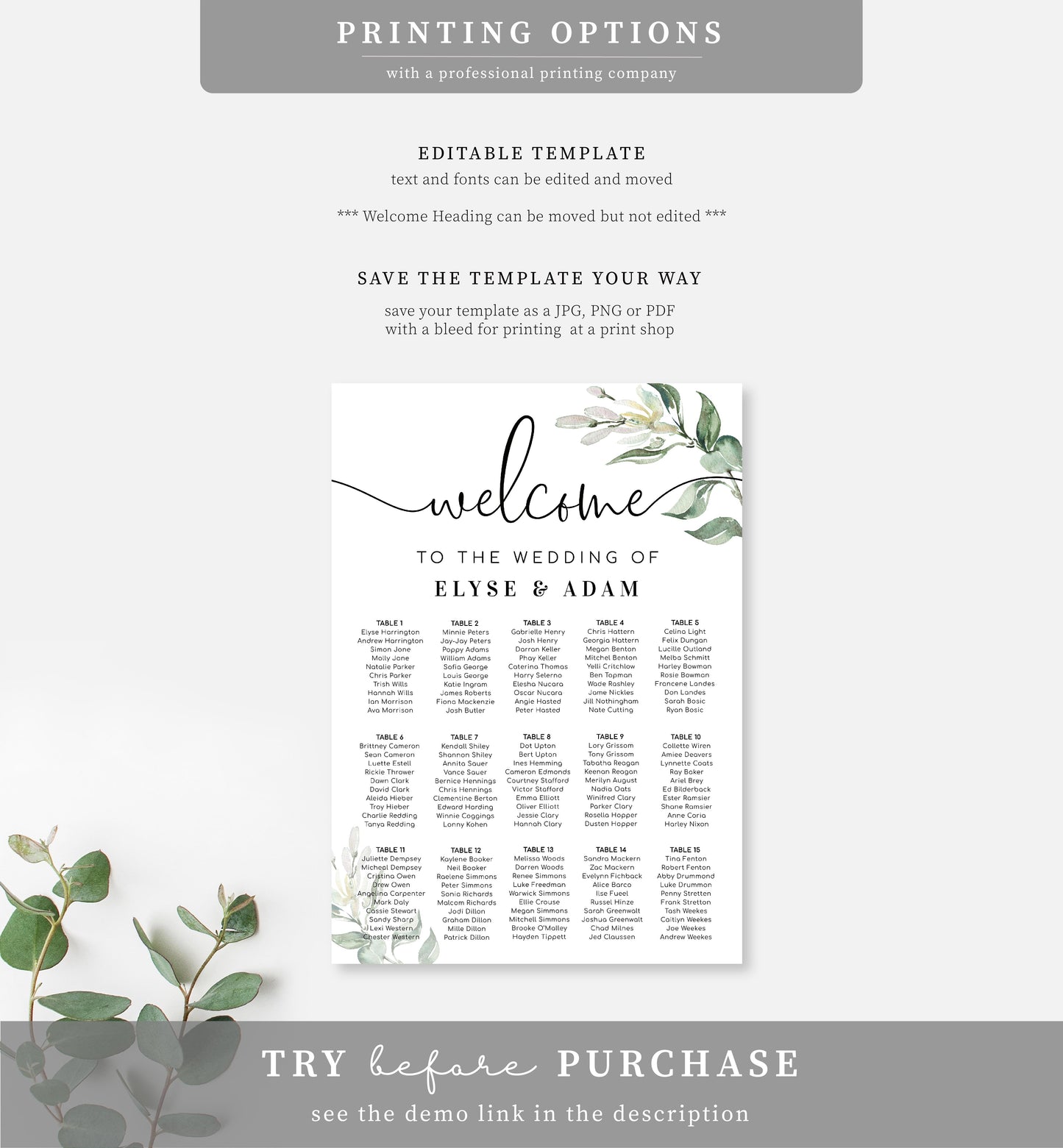 Muted Greenery | Printable Seating Chart - Black Bow Studio