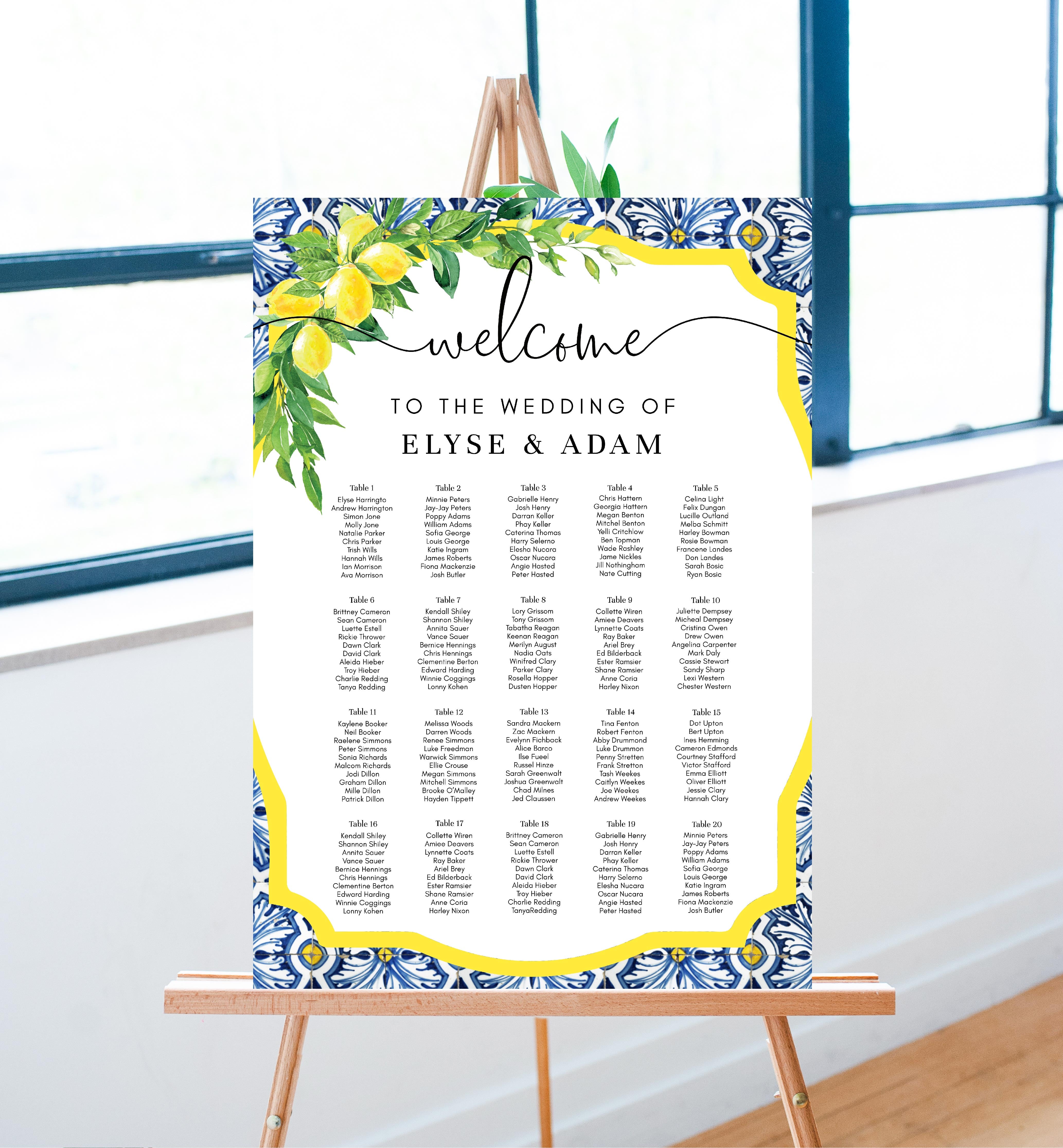 Positano Lemons Printable Seating Chart Template Black Bow Studio