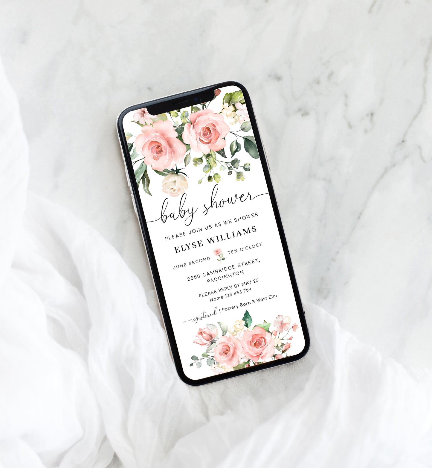 Darcy Floral Pink | Smartphone Baby Shower Invitation