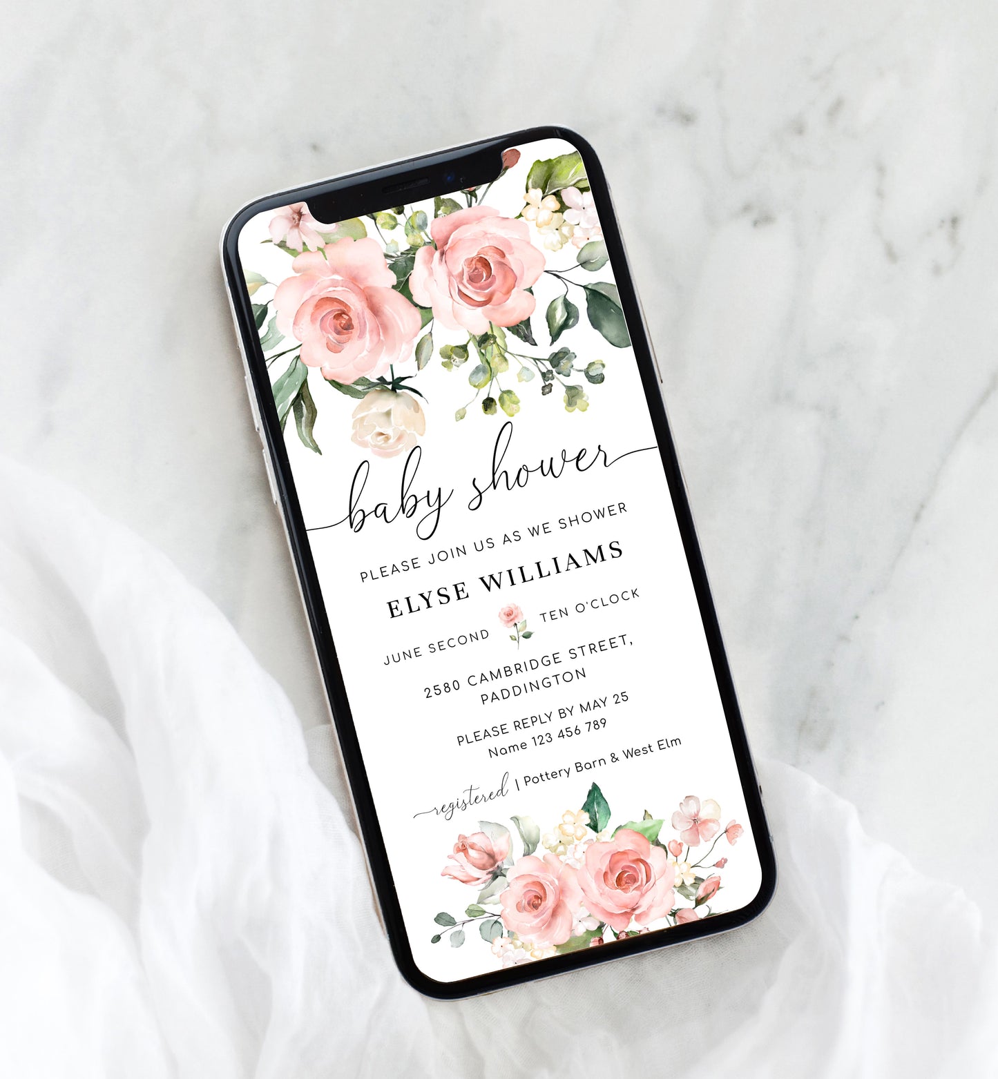 Darcy Floral Pink | Smartphone Baby Shower Invitation