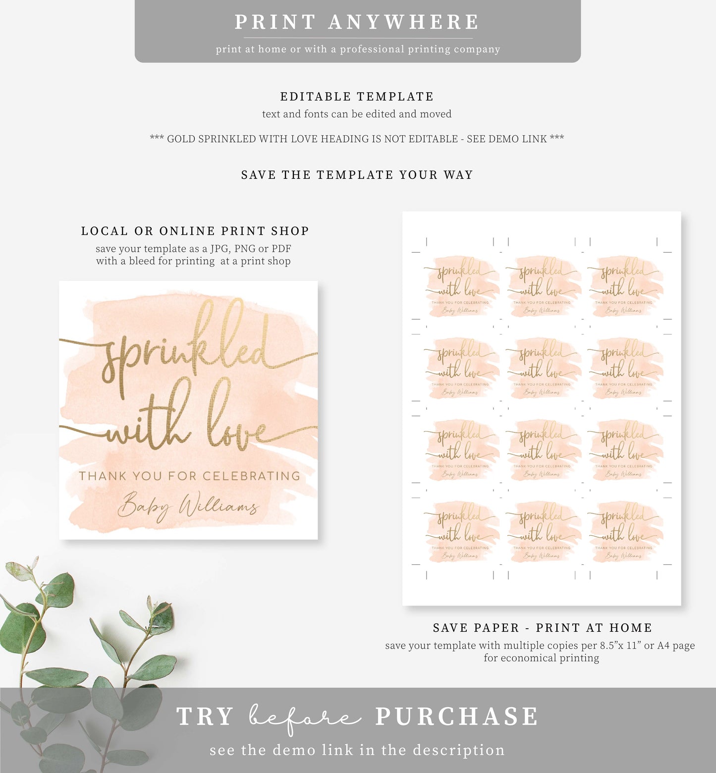 Watercolour Peach Gold | Printable Sprinkled With Love Favour Tag Template