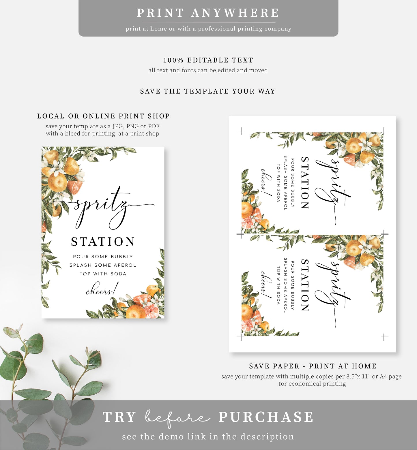 Spritz Station Sign, Printable Aperol Spritz Cocktail Sign, Italian Oranges, Wedding Cocktail Bar Sign, Signature Drinks Sign, Clementine