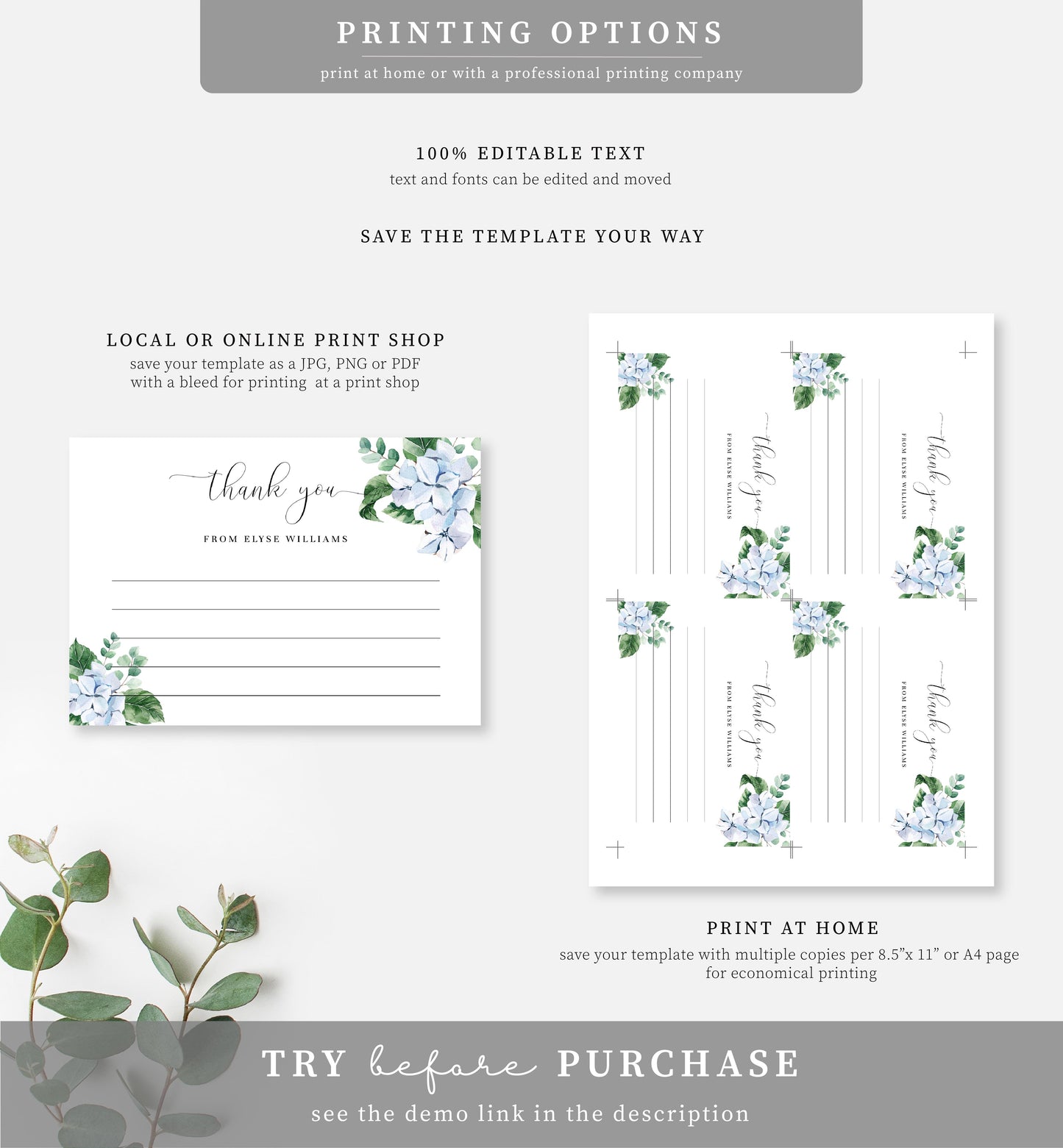 Ferras Blossom Blue | Printable Thank You Card - Black Bow Studio