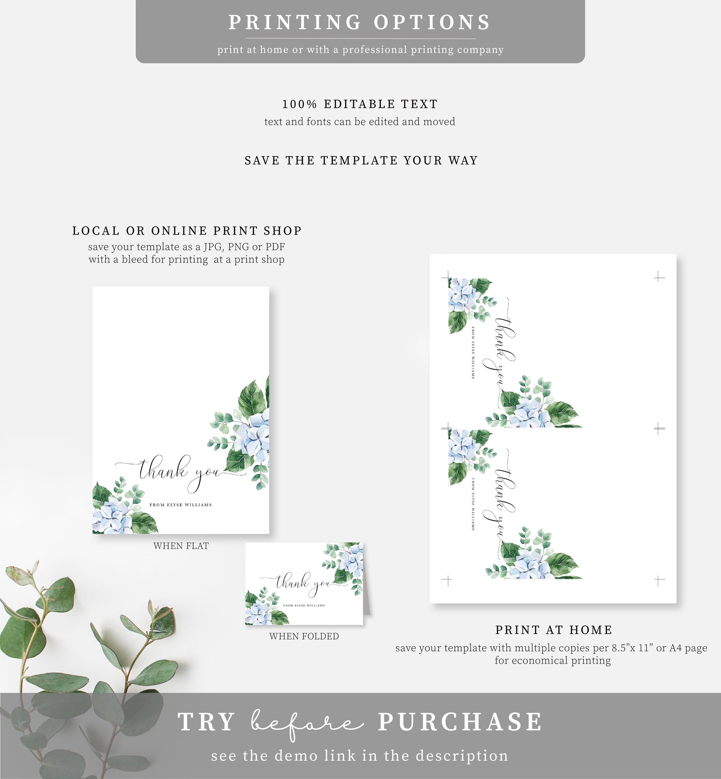 Ferras Blossom Blue | Printable Thank You Card - Black Bow Studio