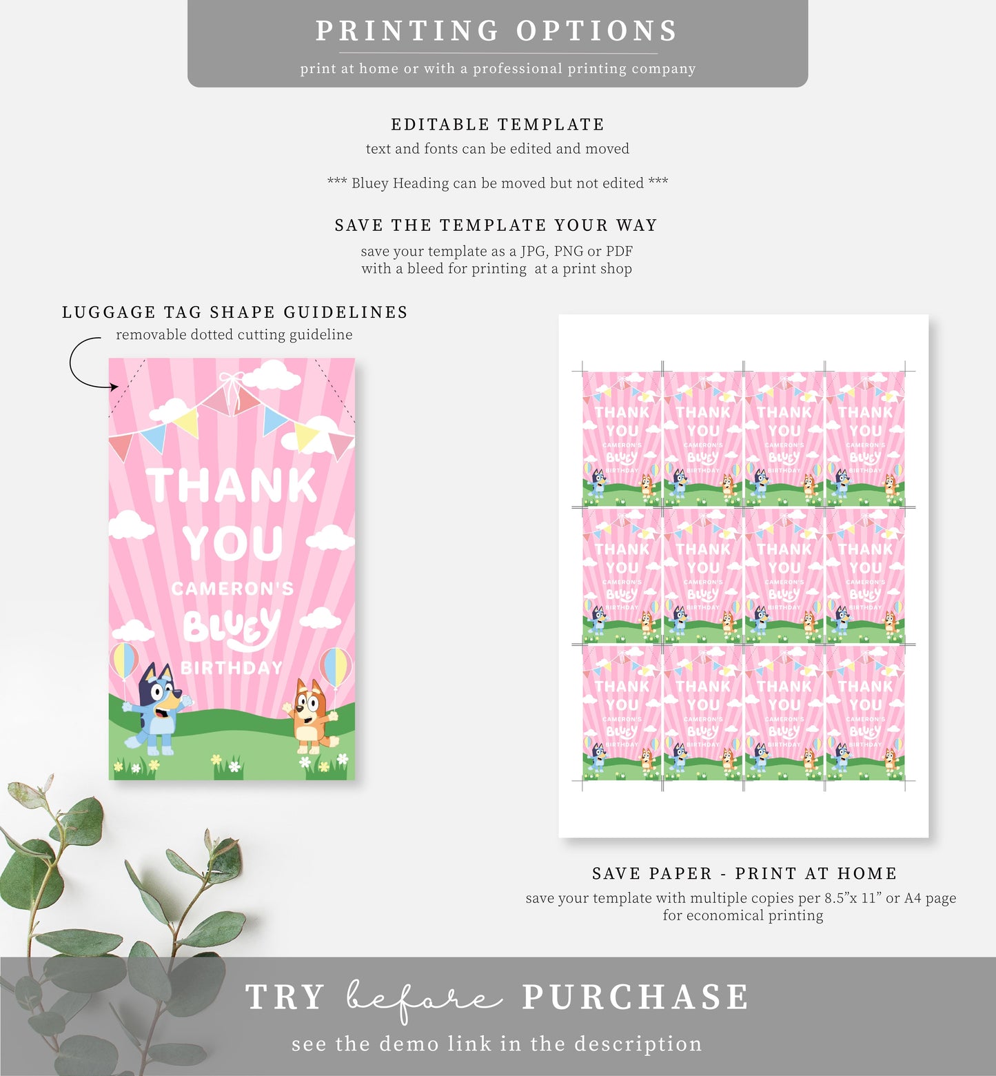Bluey Pink | Printable Favour Tag Template