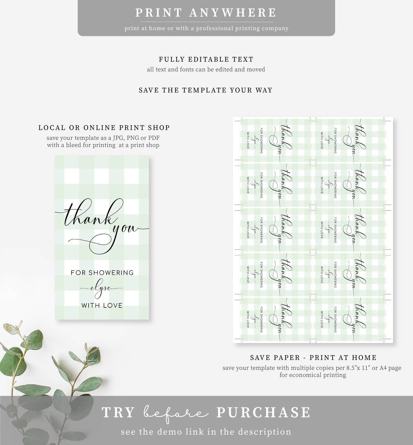 Gingham Green | Printable Thank You Tags