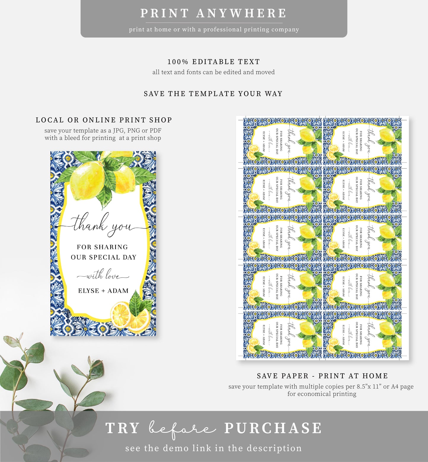 Positano Lemons | Printable Favour Tags Template - Black Bow Studio