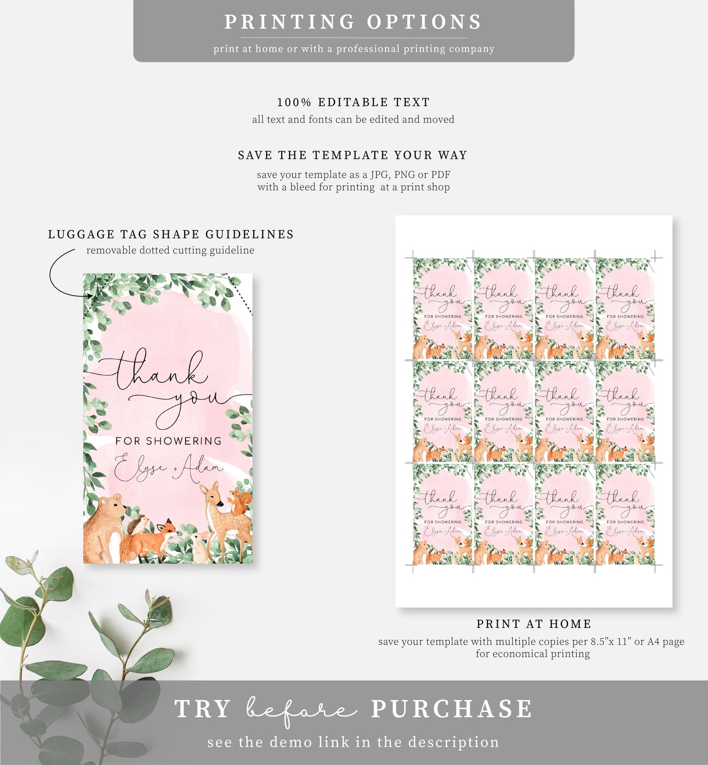 Woodland Animals Pink | Printable Thank You Favour Tags