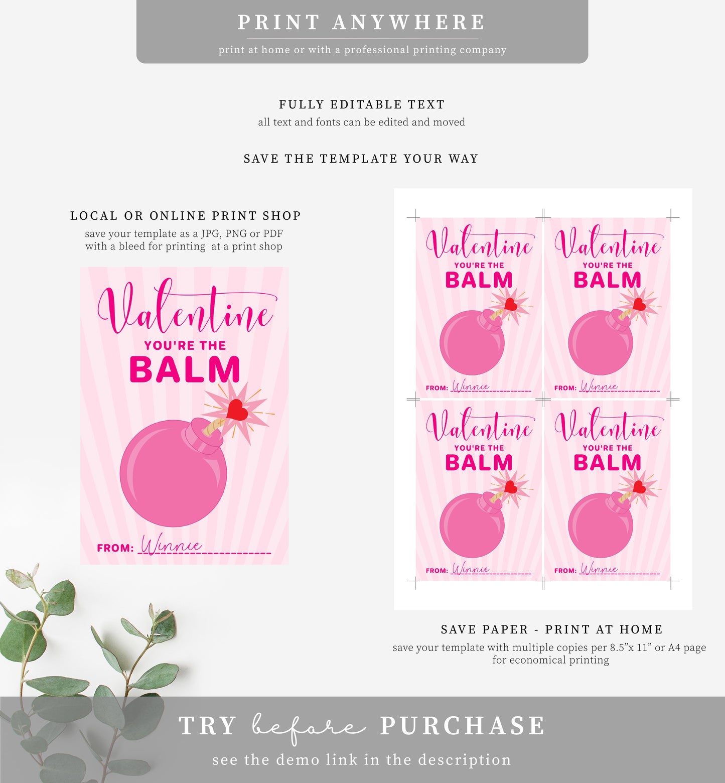 Sunray Pink | Printable Valentine's Day Lip Balm Card Template