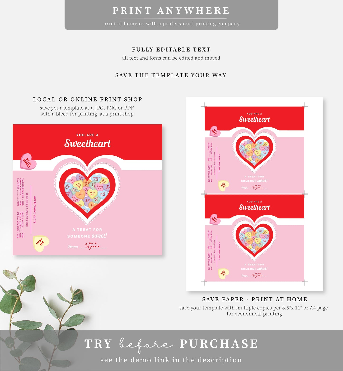 Convo Hearts Red Pink | Printable Valentine's Day Chocolate Bar Wrapper Template