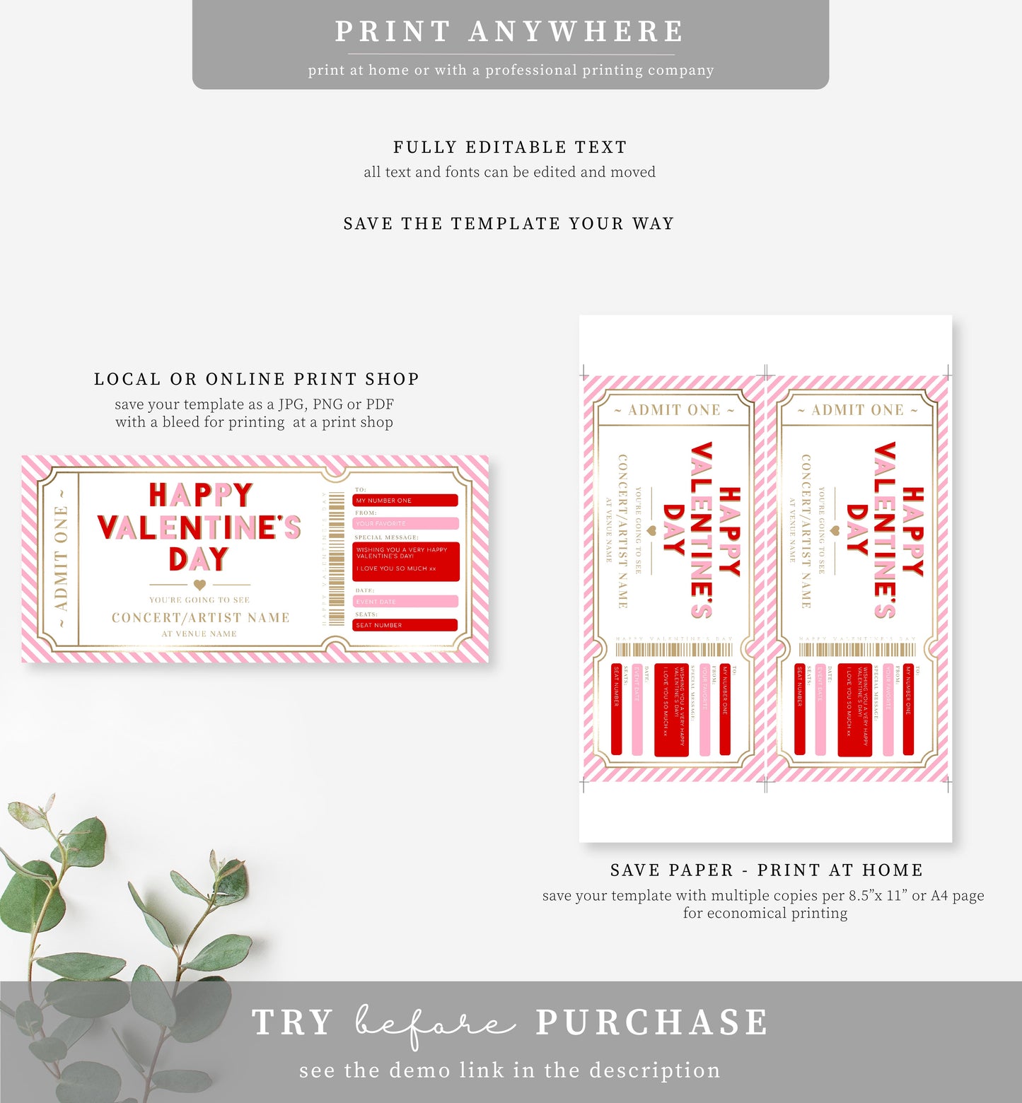 Stripe Pink Gold | Printable Valentine's Concert Custom Gift Voucher Template