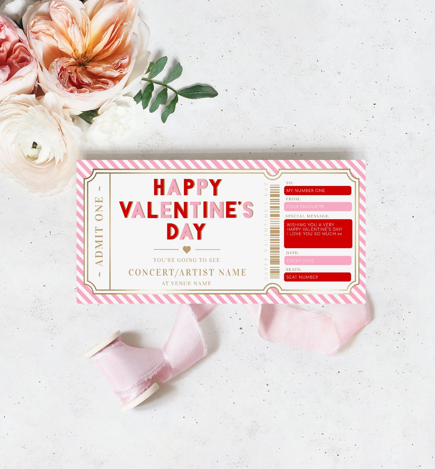 Stripe Pink Gold | Printable Valentine's Concert Custom Gift Voucher Template