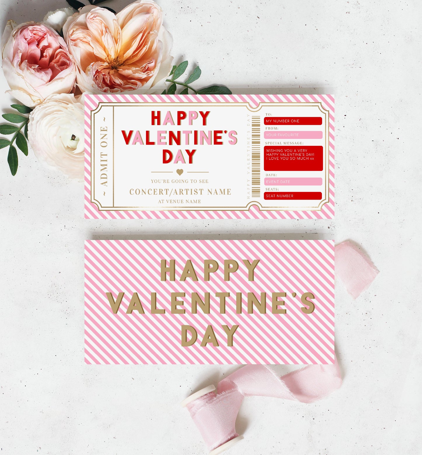 Stripe Pink Gold | Printable Valentine's Concert Custom Gift Voucher Template