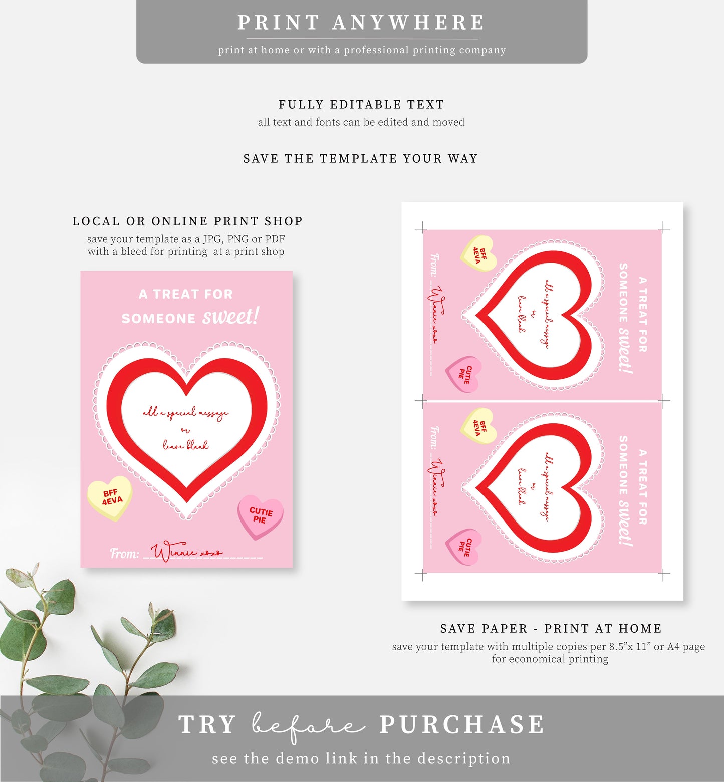 Convo Hearts Pink | Printable Sweetheart Valentine Cookie Card Template