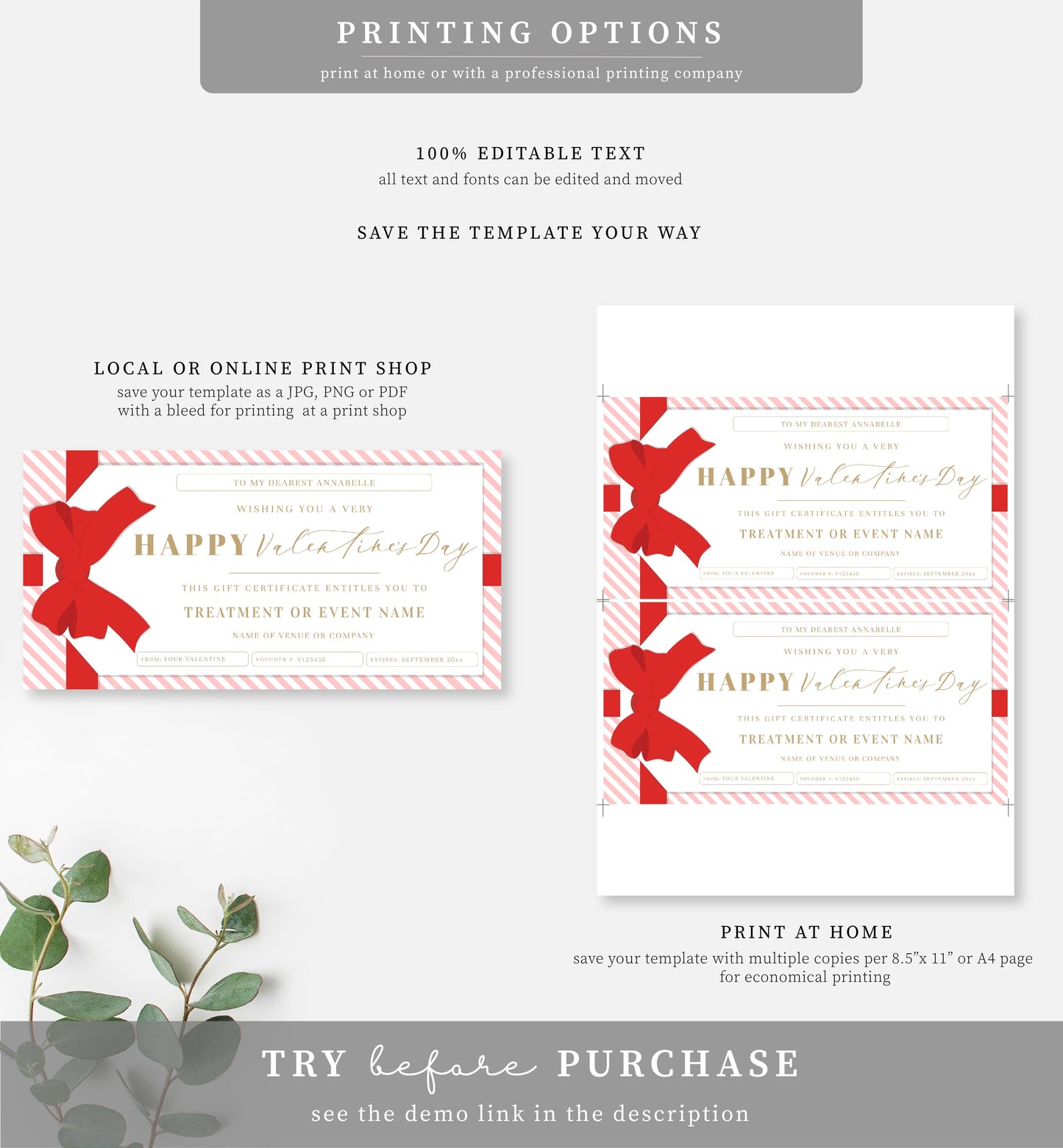 Stripe Pink Red | Printable Valentine's Day Custom Gift Voucher