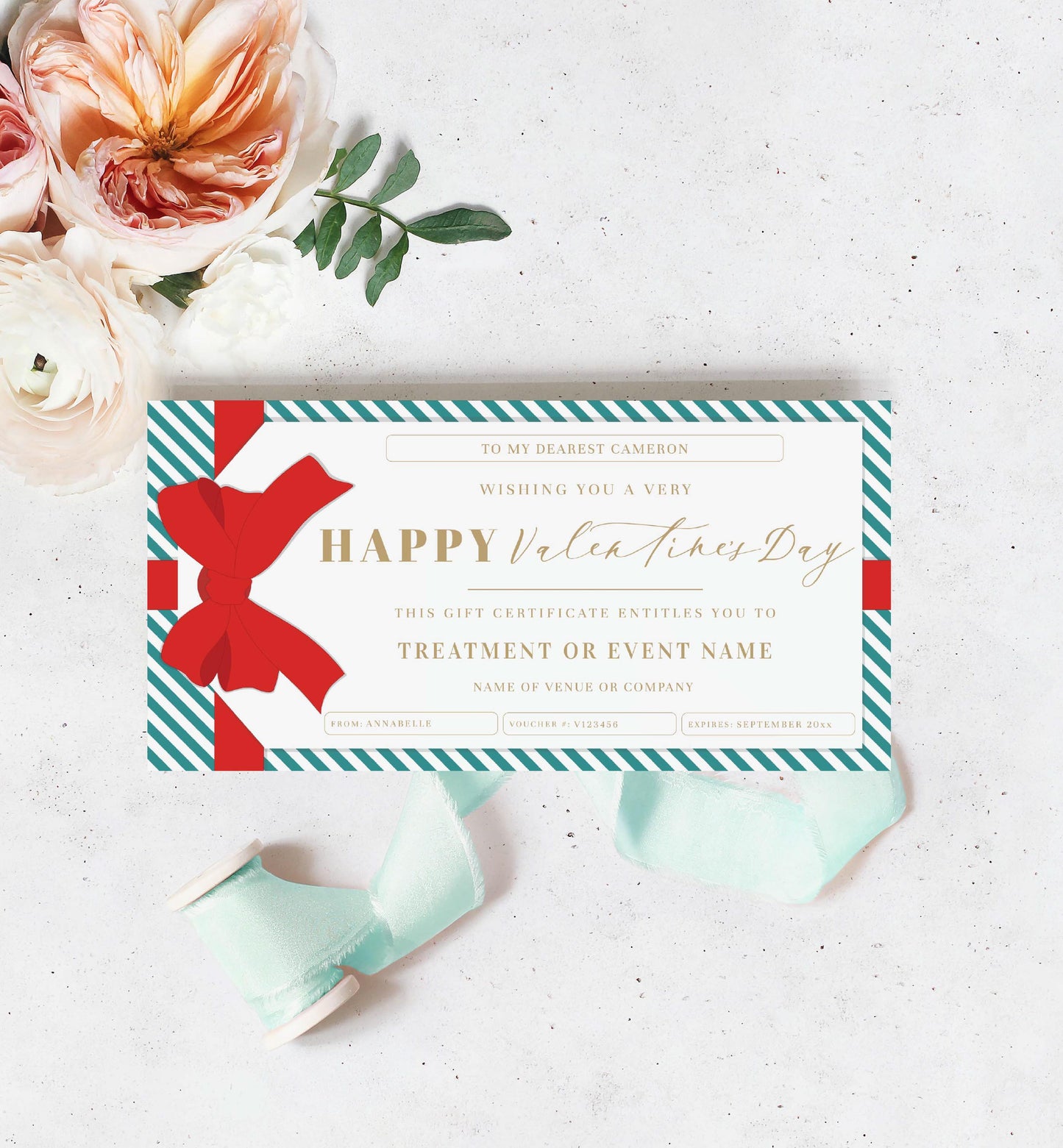 Stripe Teal Red | Printable Valentine's Day Custom Gift Voucher