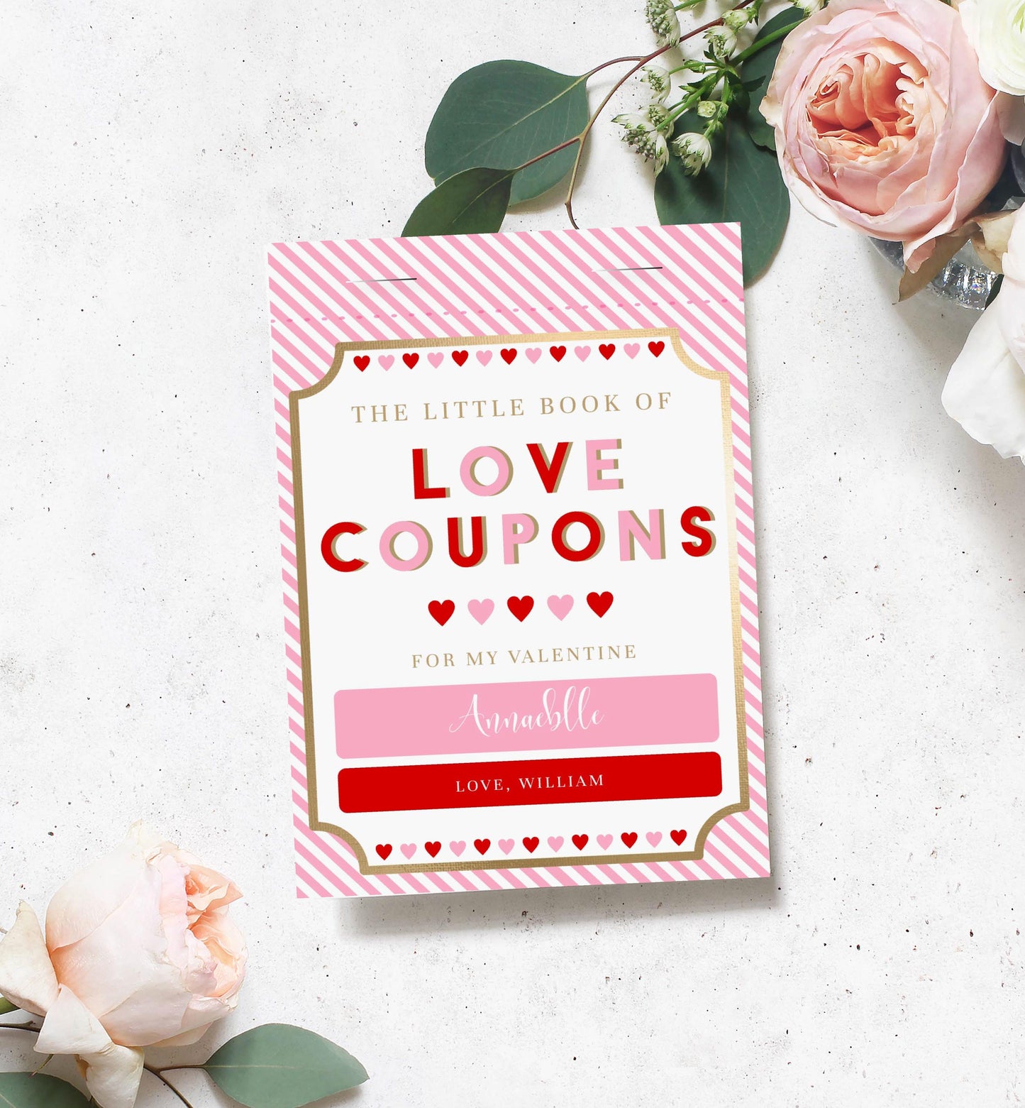 Stripe Pink Red | Printable Valentine's Day Custom Love Coupons Template