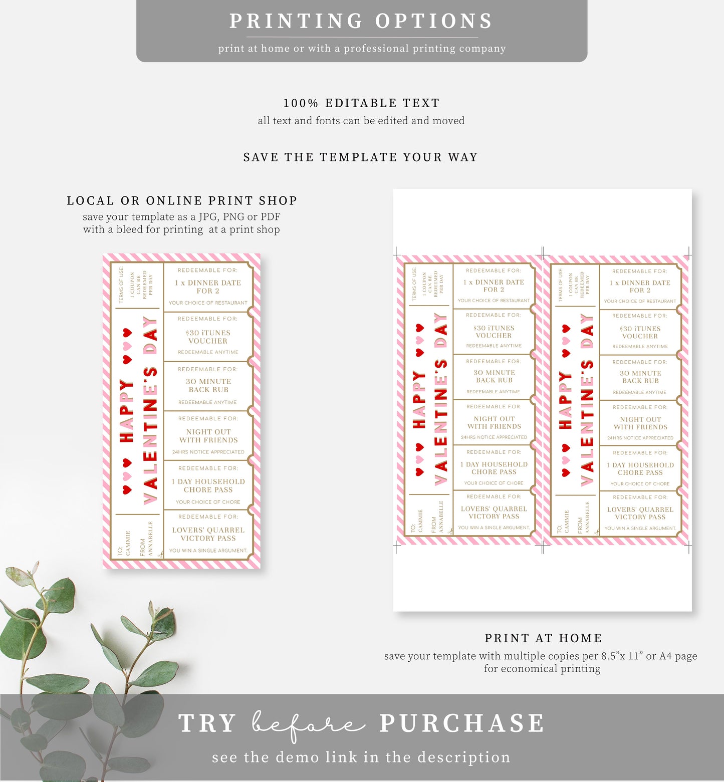 Stripe Red Pink | Printable Valentine's Day Custom Love Coupons