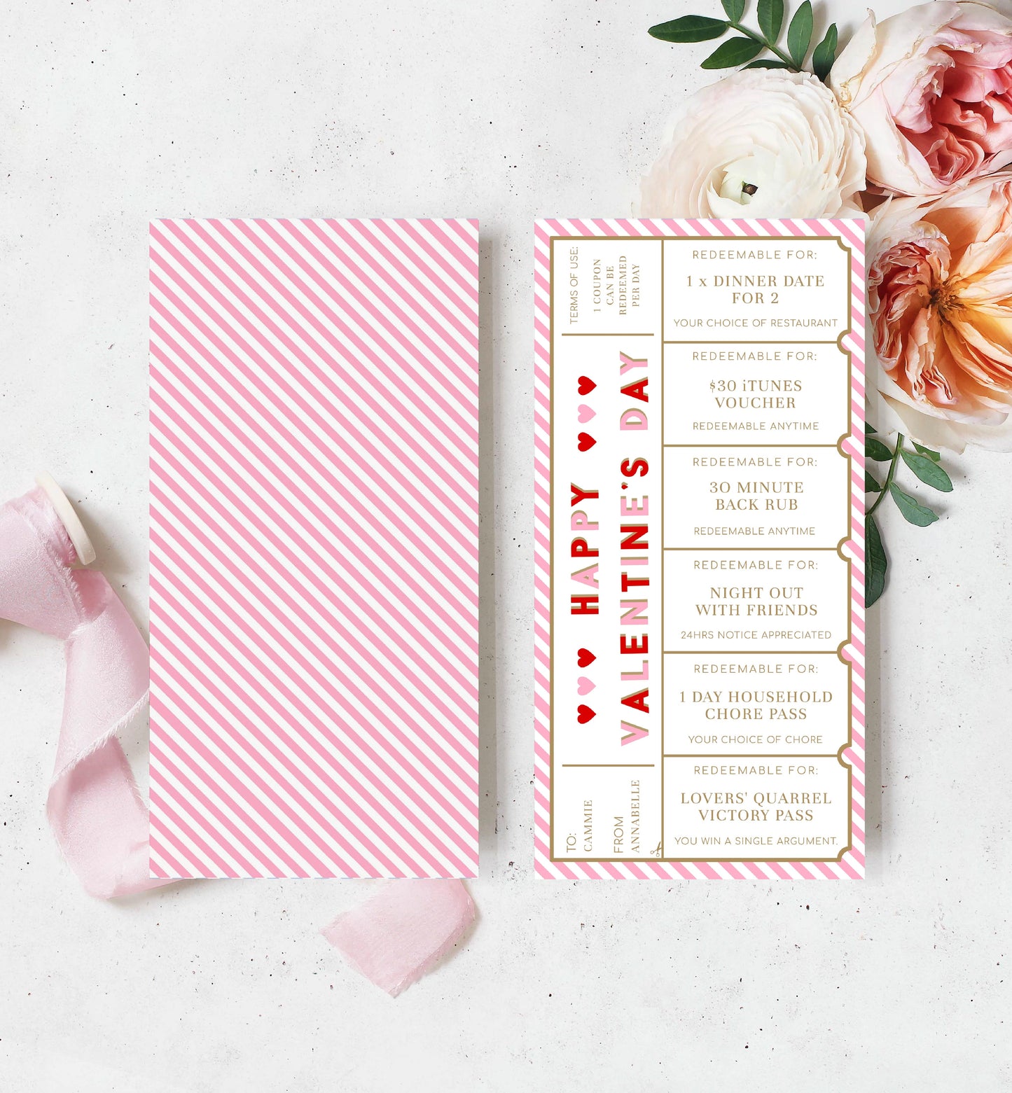 Stripe Red Pink | Printable Valentine's Day Custom Love Coupons