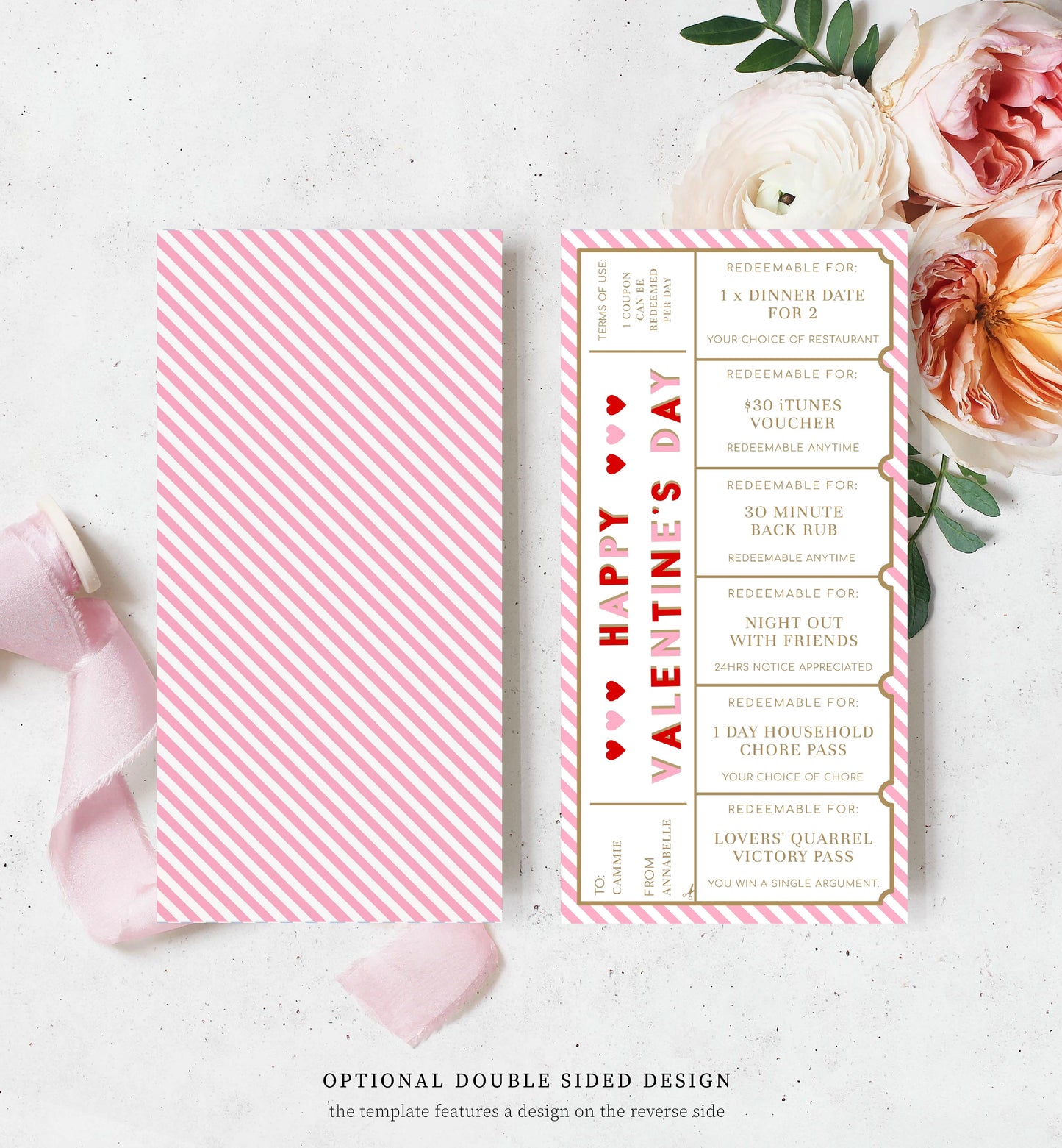 Stripe Red Pink | Printable Valentine's Day Custom Love Coupons