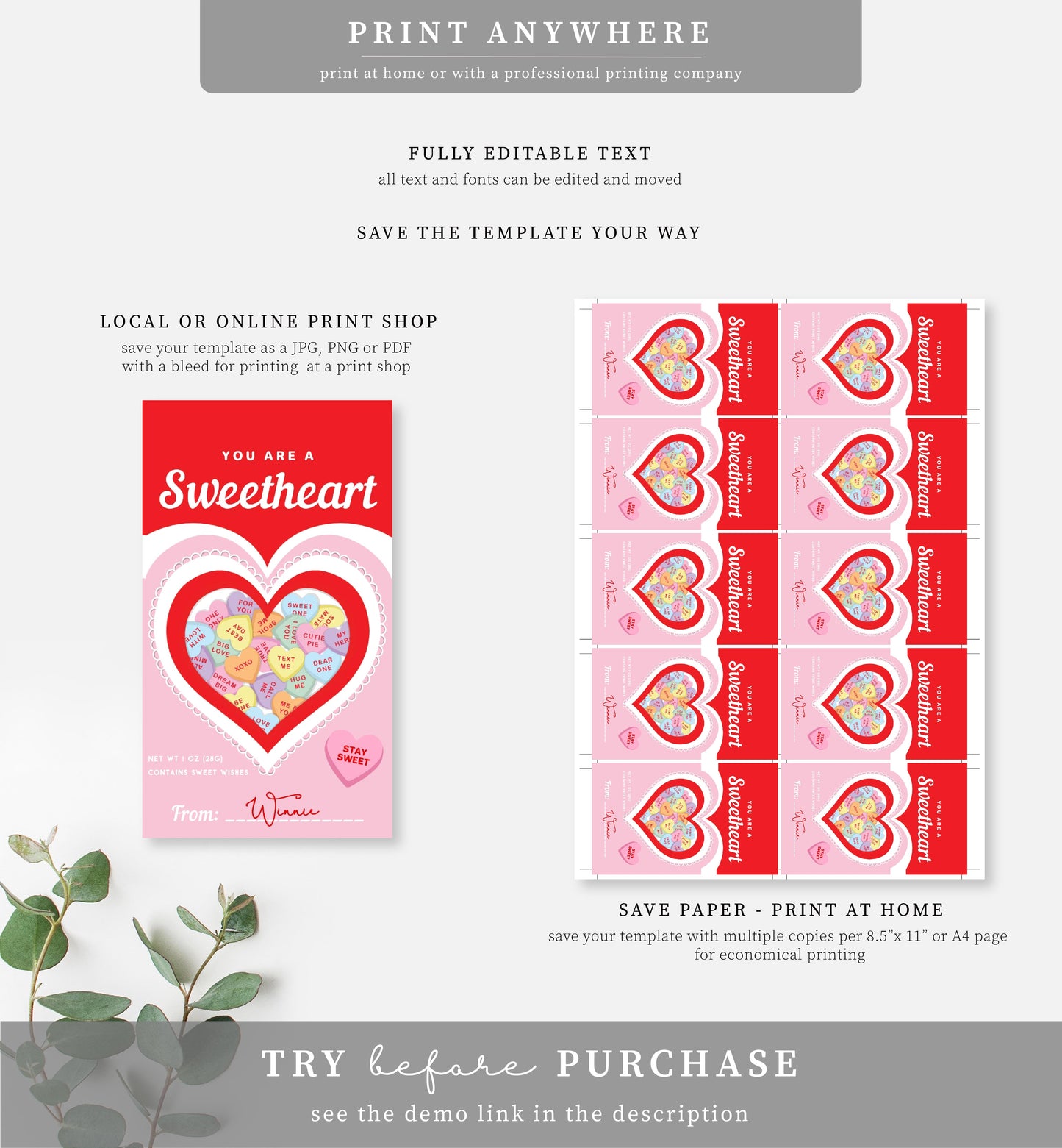 Convo Hearts Red Pink | Printable Sweetheart Valentine Tag Template