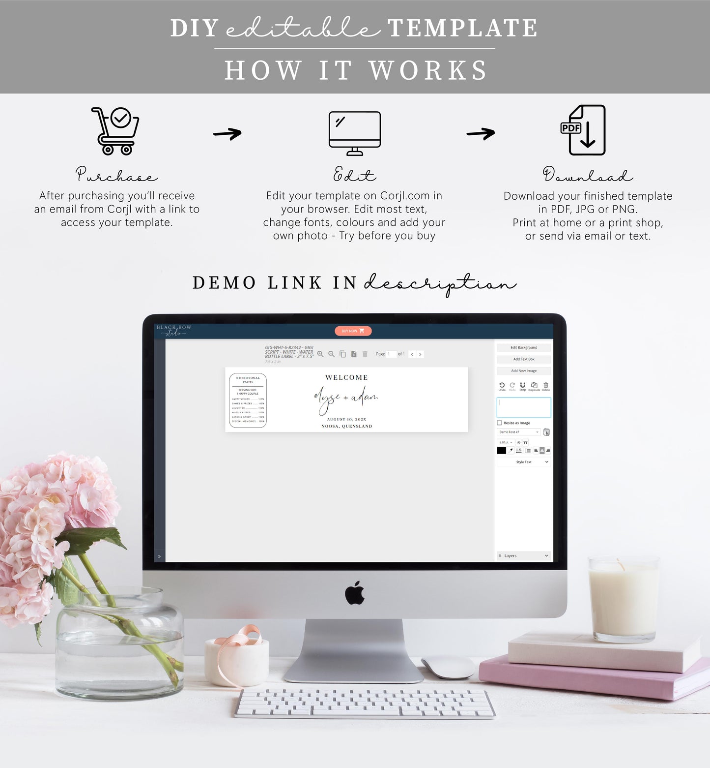 Gigi Script White | Printable Water Bottle Welcome Label Template