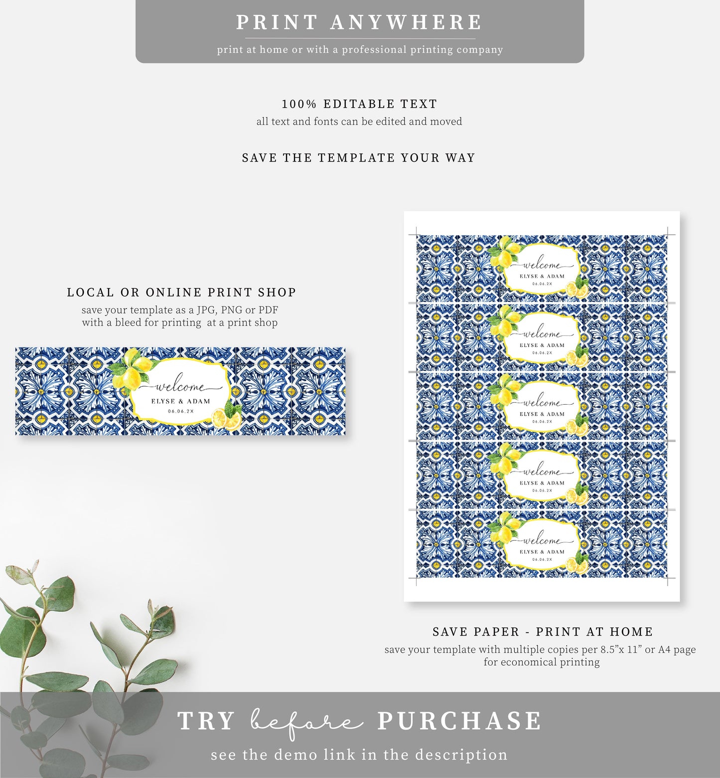 Positano Lemons | Printable Water Bottle Welcome Label Template