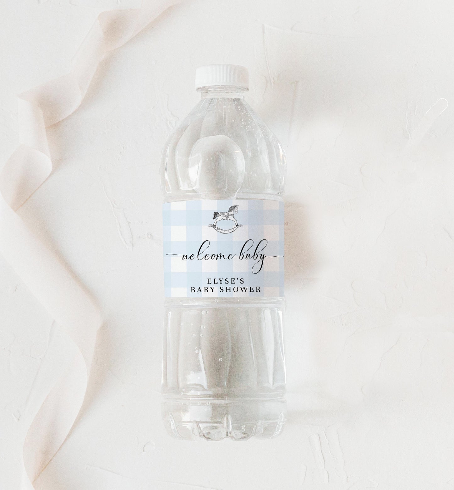Editable Water Bottle Labels, Blue Gingham Rocking Horse, Printable Personalized Favor Water Bottle Labels, Boy Baby Shower, Boy First Birthday Water Bottle Labels