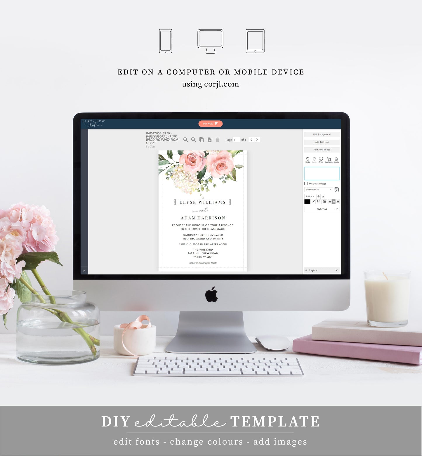 Darcy Floral Pink | Printable Wedding Invitation Suite - Black Bow Studio