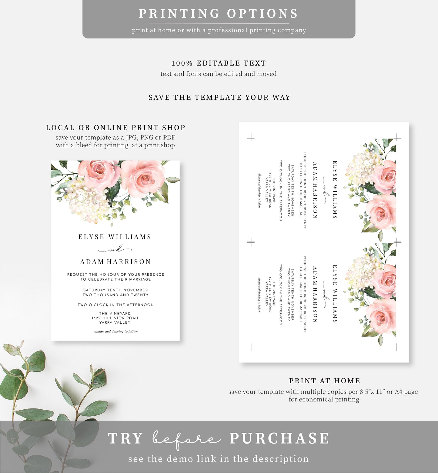 Darcy Floral Pink | Printable Wedding Invitation Suite - Black Bow Studio