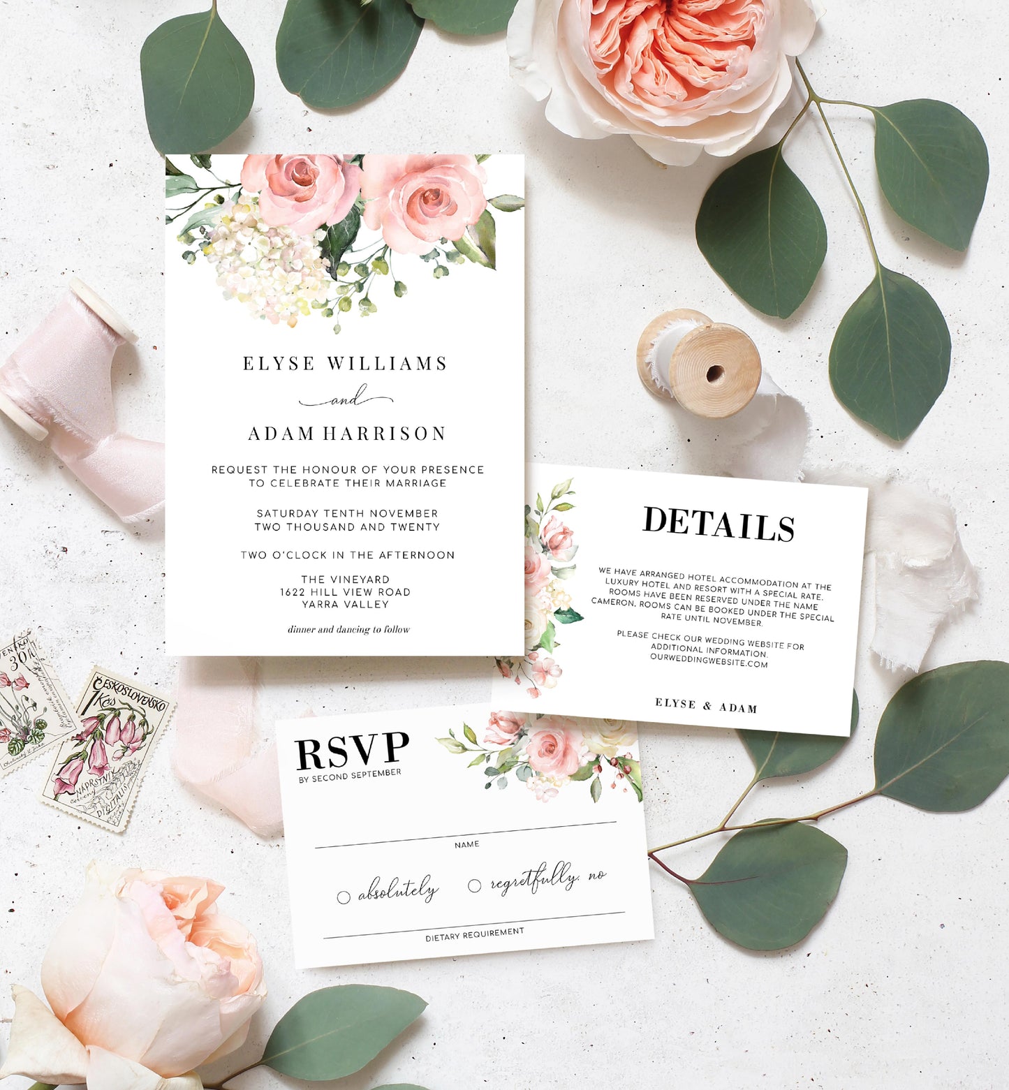 Darcy Floral Pink | Printable Wedding Invitation Suite - Black Bow Studio