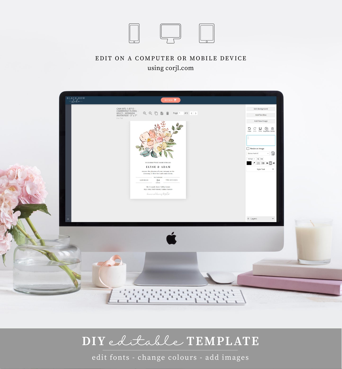 Cambridge Floral Multi | Printable Wedding Invitation Suite Template - Black Bow Studio