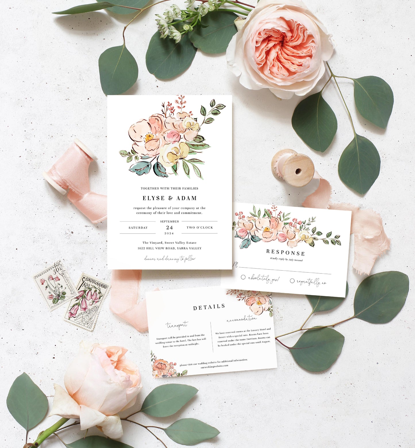 Cambridge Floral Multi | Printable Wedding Invitation Suite Template - Black Bow Studio