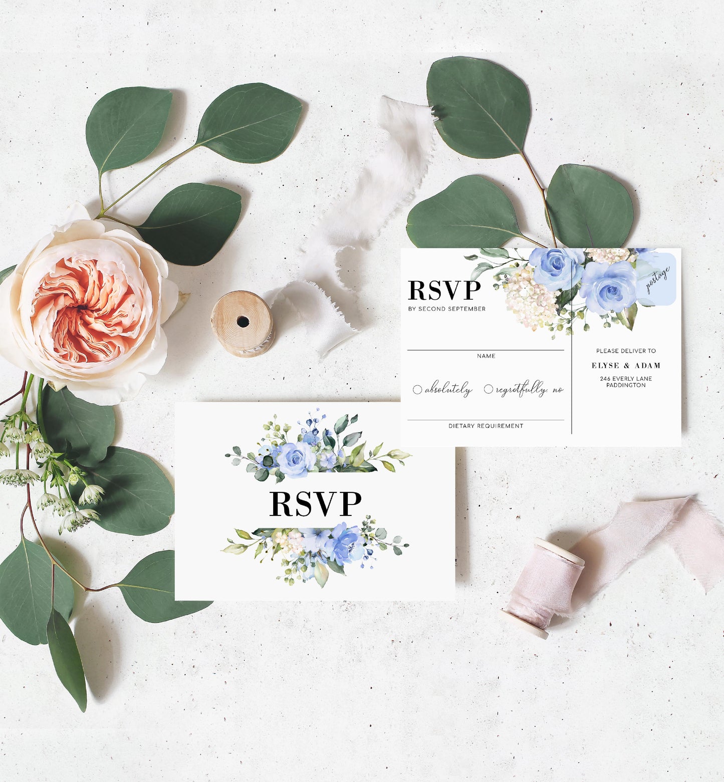 Darcy Floral Blue | Printable Wedding Invitation Suite Template - Black Bow Studio