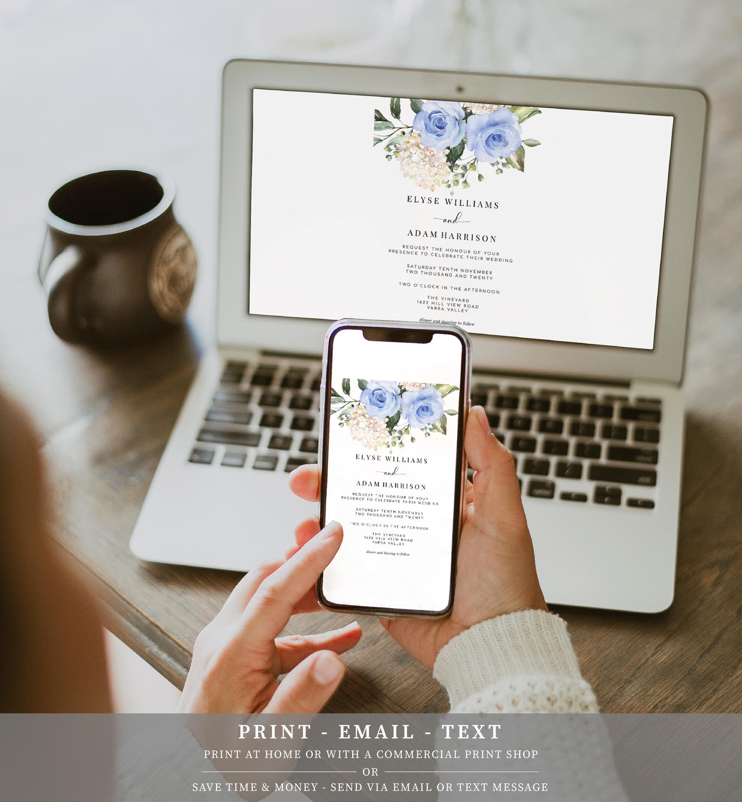 Darcy Floral Blue | Printable Wedding Invitation Suite Template - Black Bow Studio