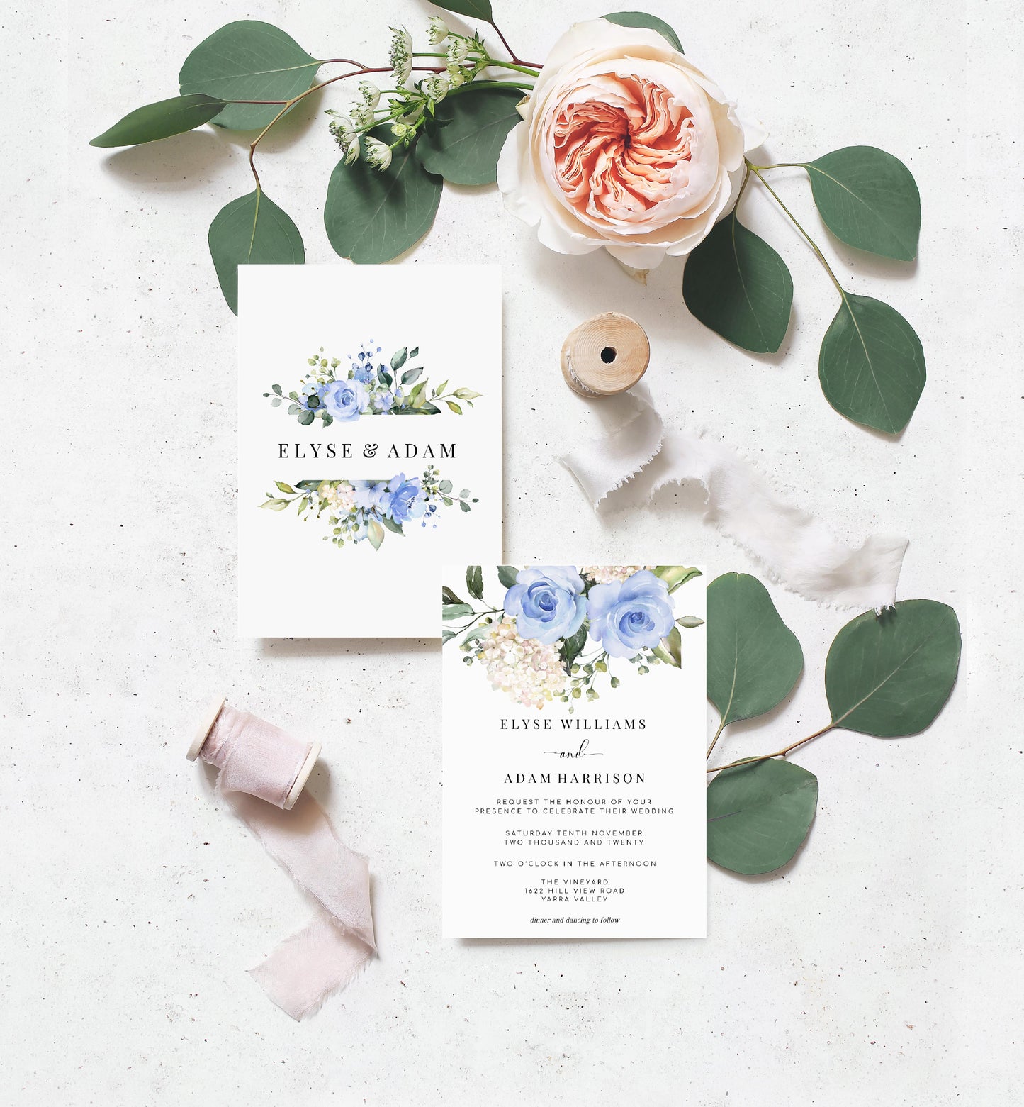 Darcy Floral Blue | Printable Wedding Invitation Suite Template - Black Bow Studio