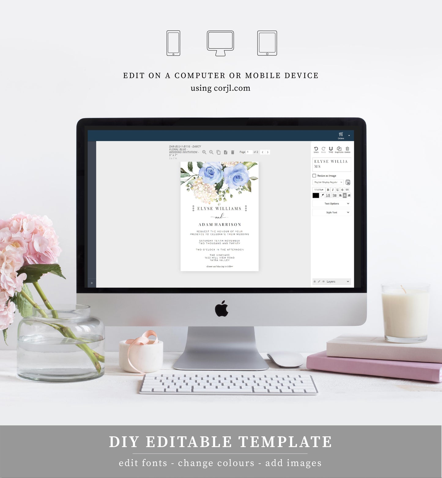 Darcy Floral Blue | Printable Wedding Invitation Suite Template - Black Bow Studio