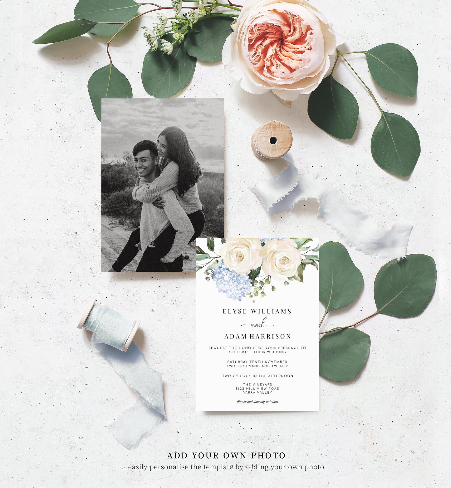 Darcy Floral White | Printable Wedding Invitation Suite - Black Bow Studio