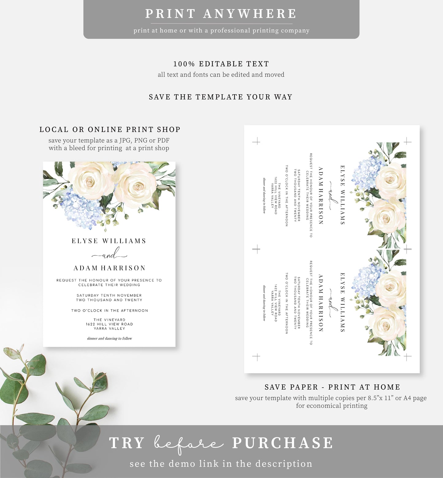 Darcy Floral White | Printable Wedding Invitation Suite - Black Bow Studio