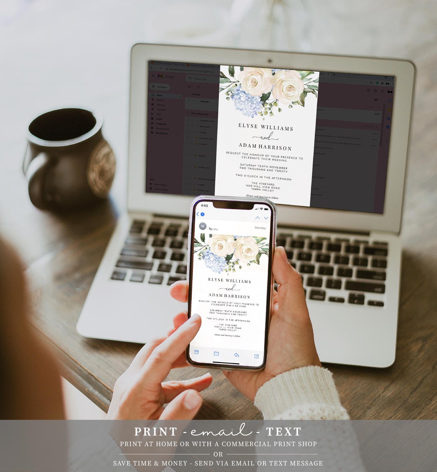Darcy Floral White | Printable Wedding Invitation Suite - Black Bow Studio