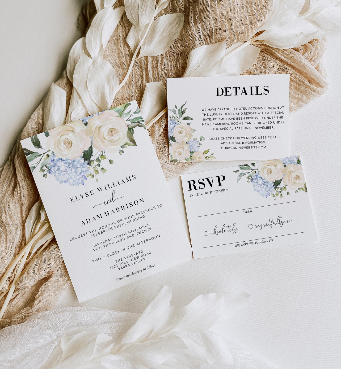Darcy Floral White | Printable Wedding Invitation Suite - Black Bow Studio