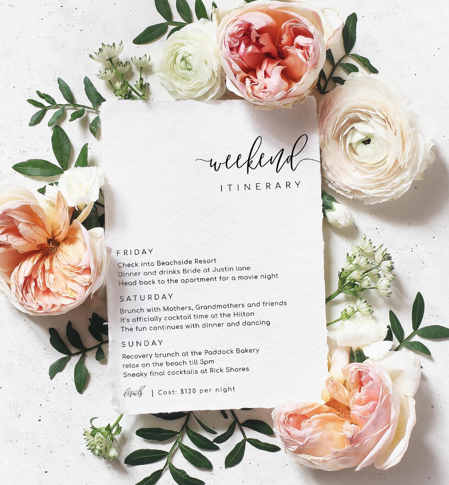 Lucas Script White | Printable Weekend Itinerary - Black Bow Studio