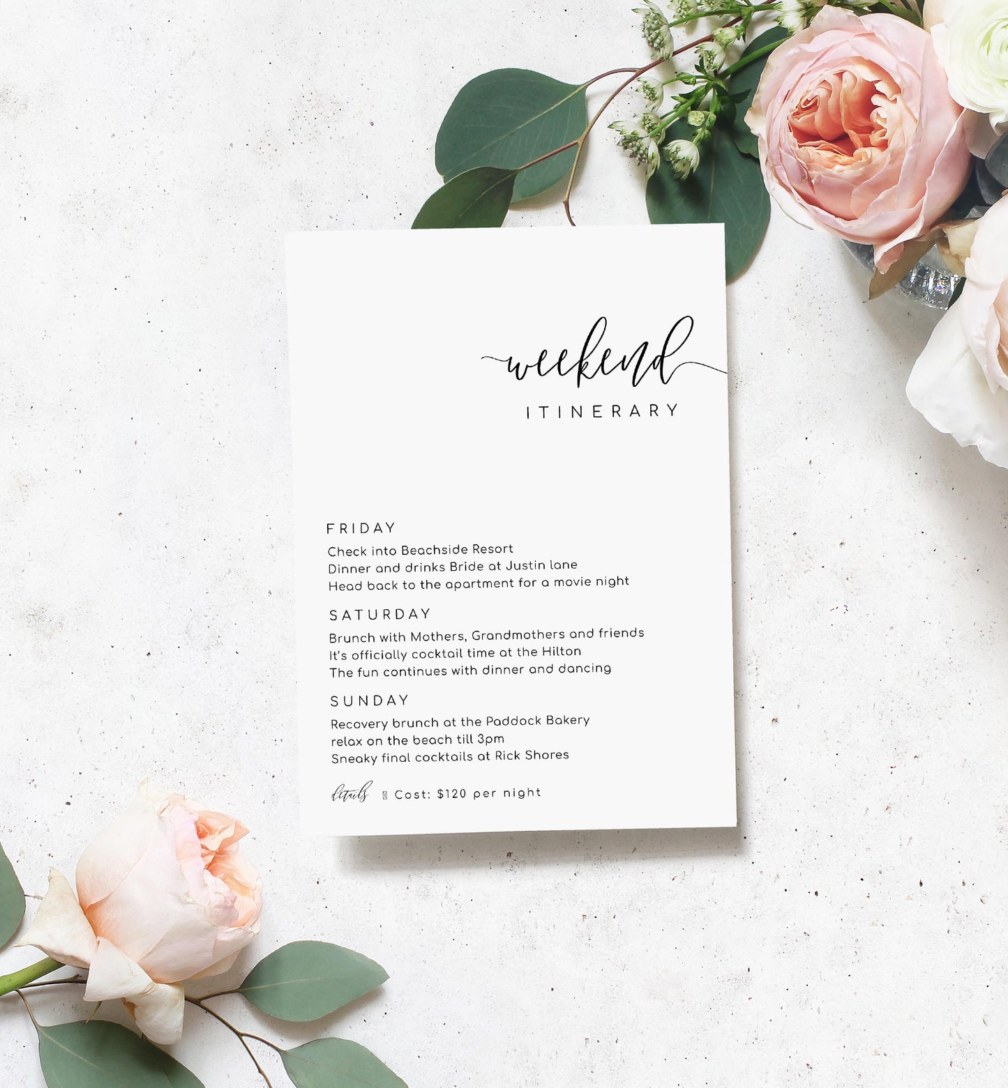 Lucas Script White | Printable Weekend Itinerary - Black Bow Studio