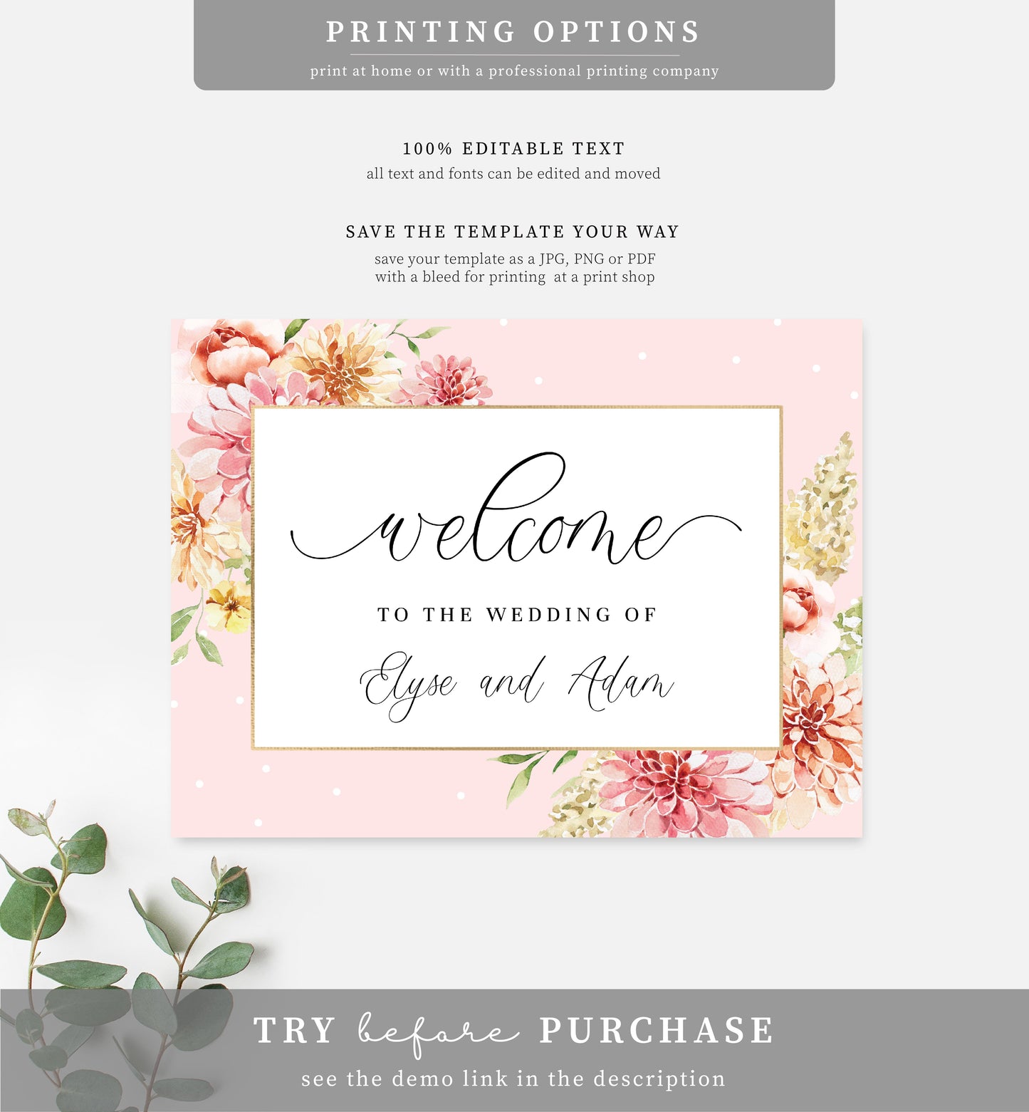 Quinn Floral Pink | Printable Welcome Sign
