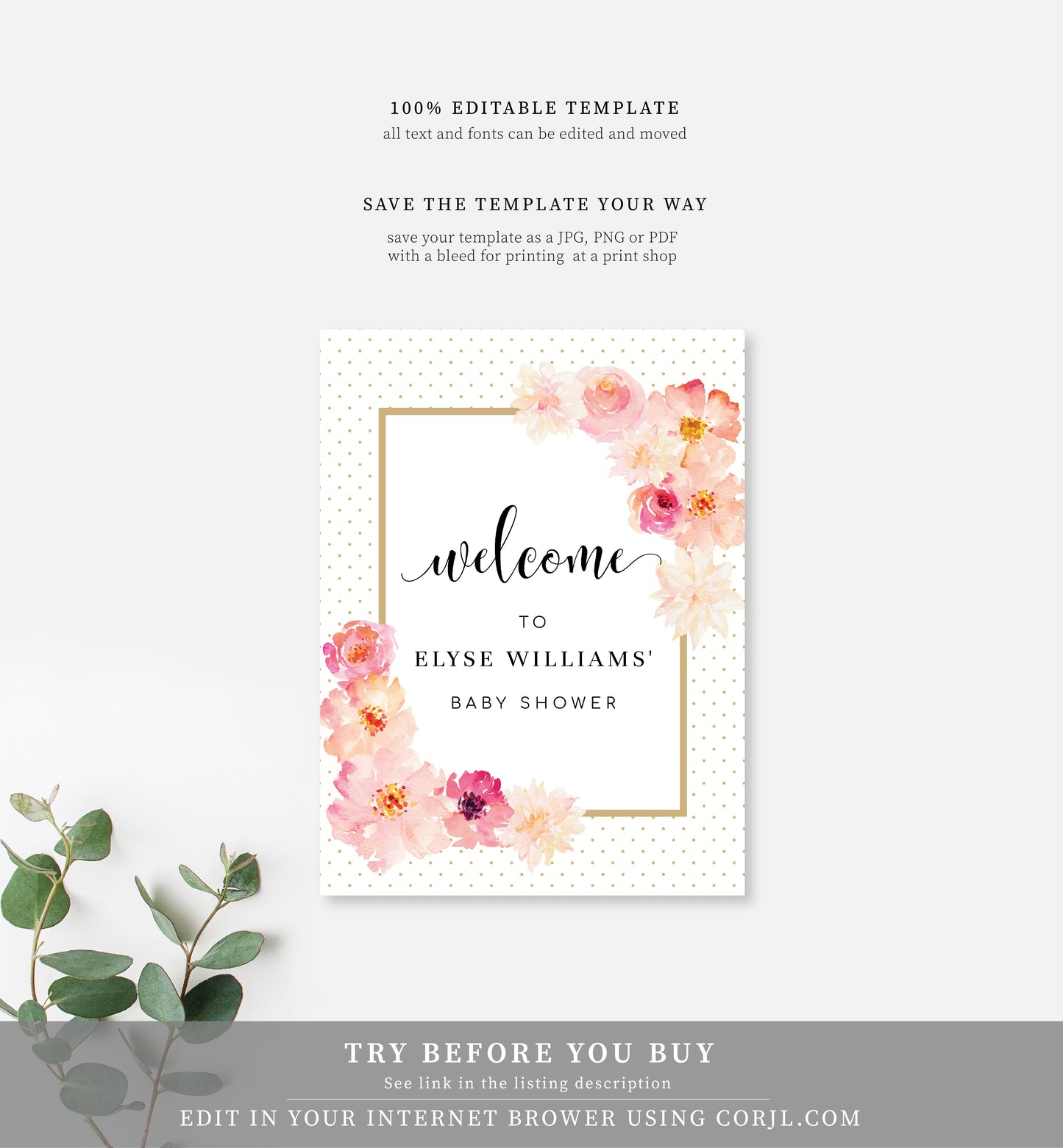 Abbieville Floral White | Printable Welcome Sign Template - Black Bow Studio