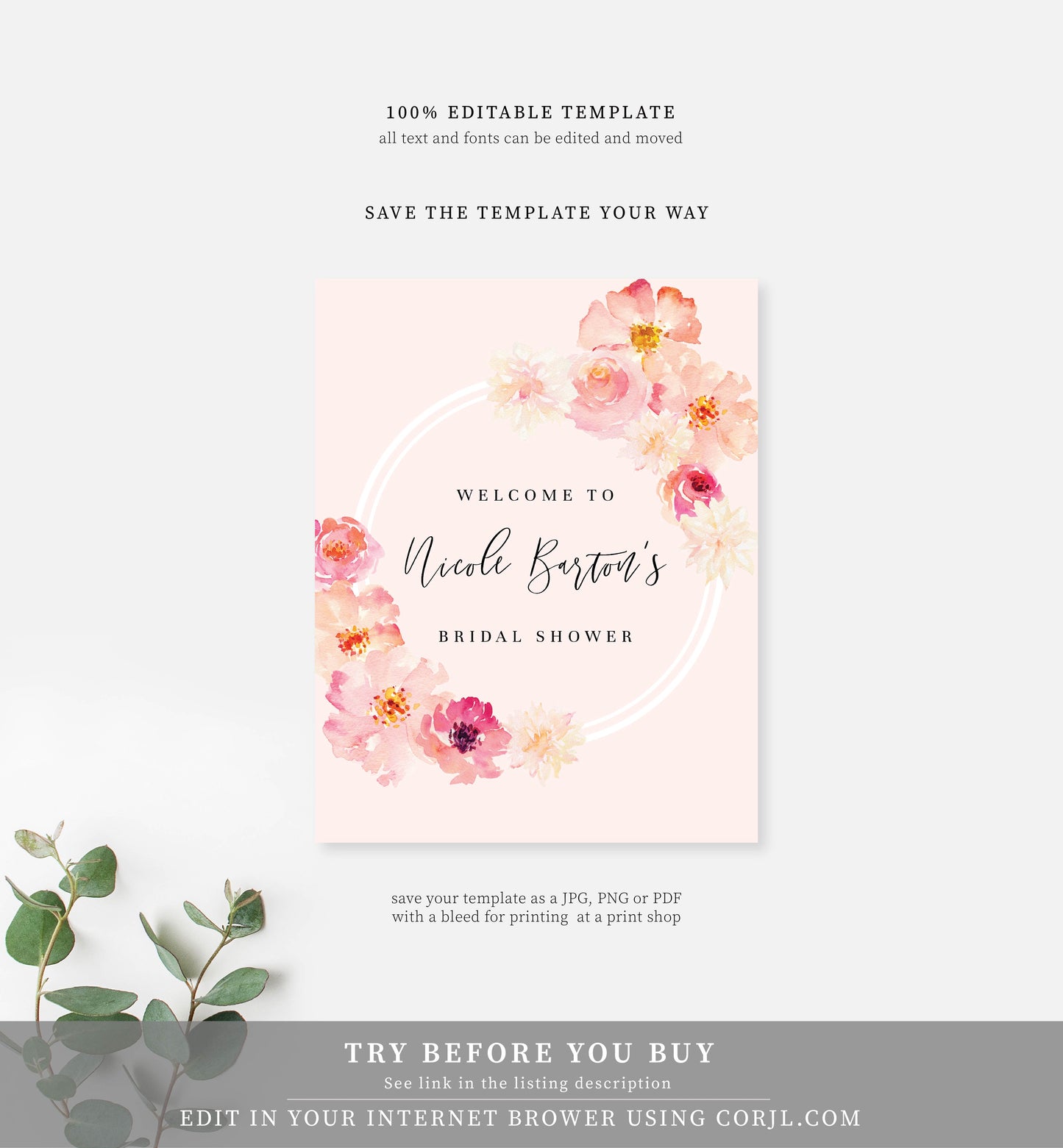 Abbieville Floral Pink | Printable Welcome Sign Template - Black Bow Studio