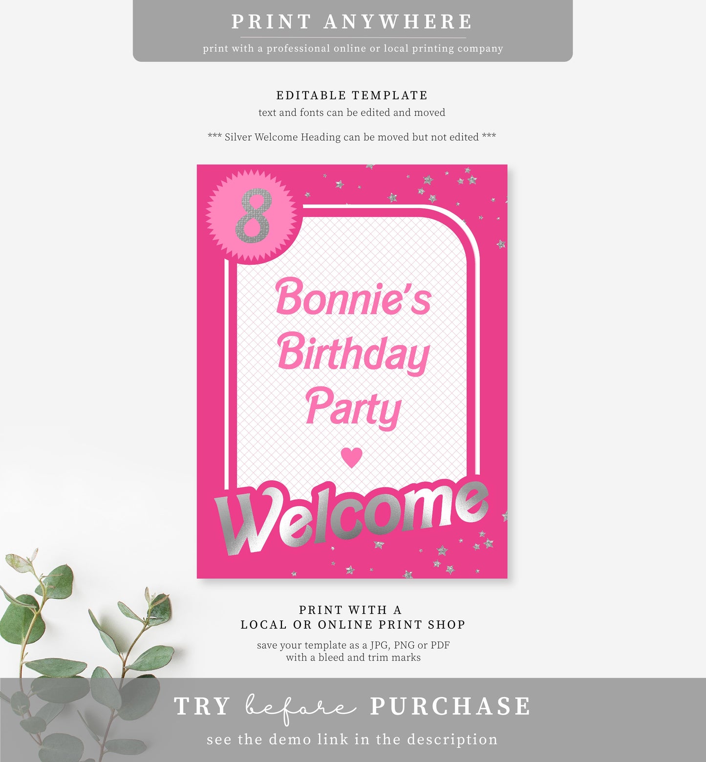 Barbie Party Hot Pink Silver | Printable Welcome Sign Template