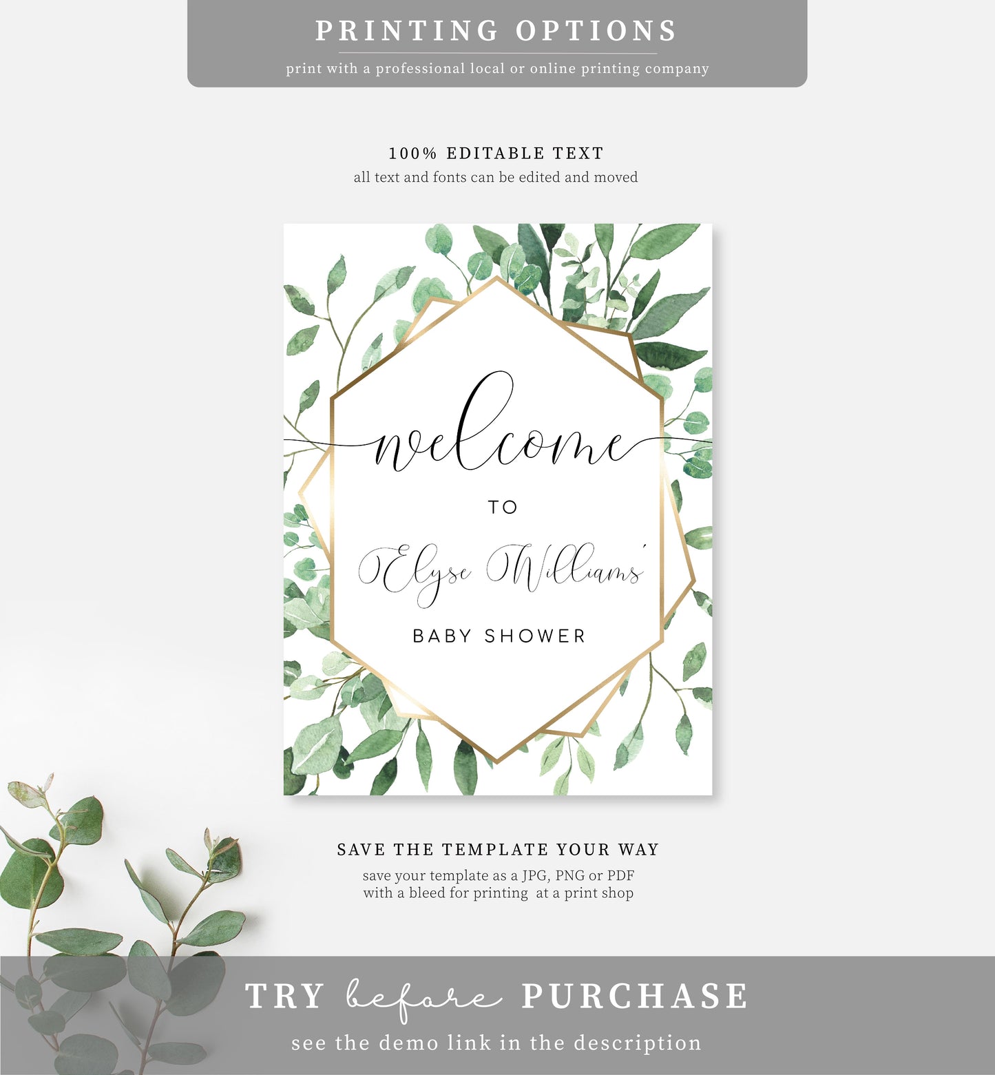 Everly Greenery | Printable Welcome Sign Template