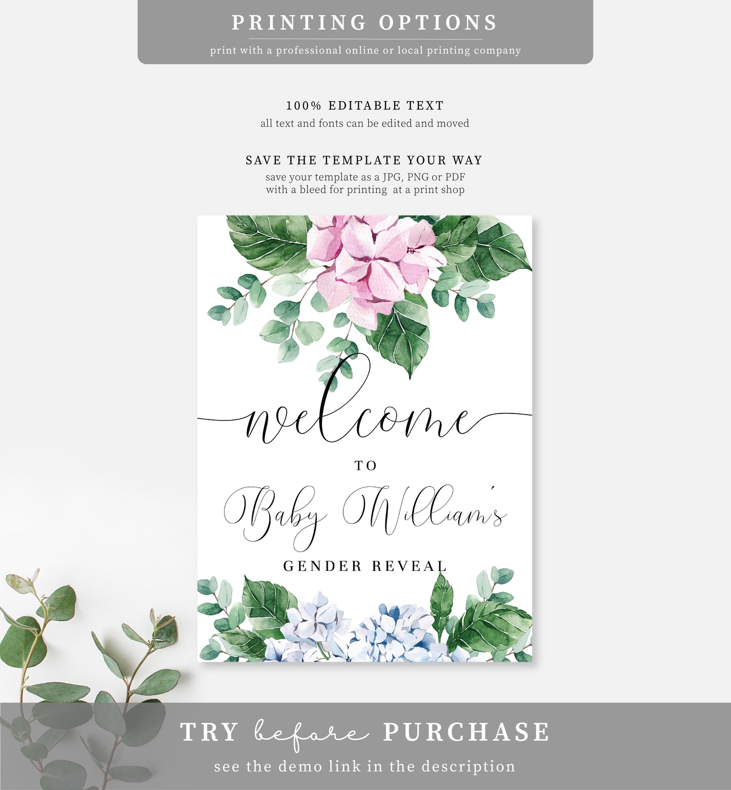 Ferras Blossom Pink Blue | Printable Welcome Sign