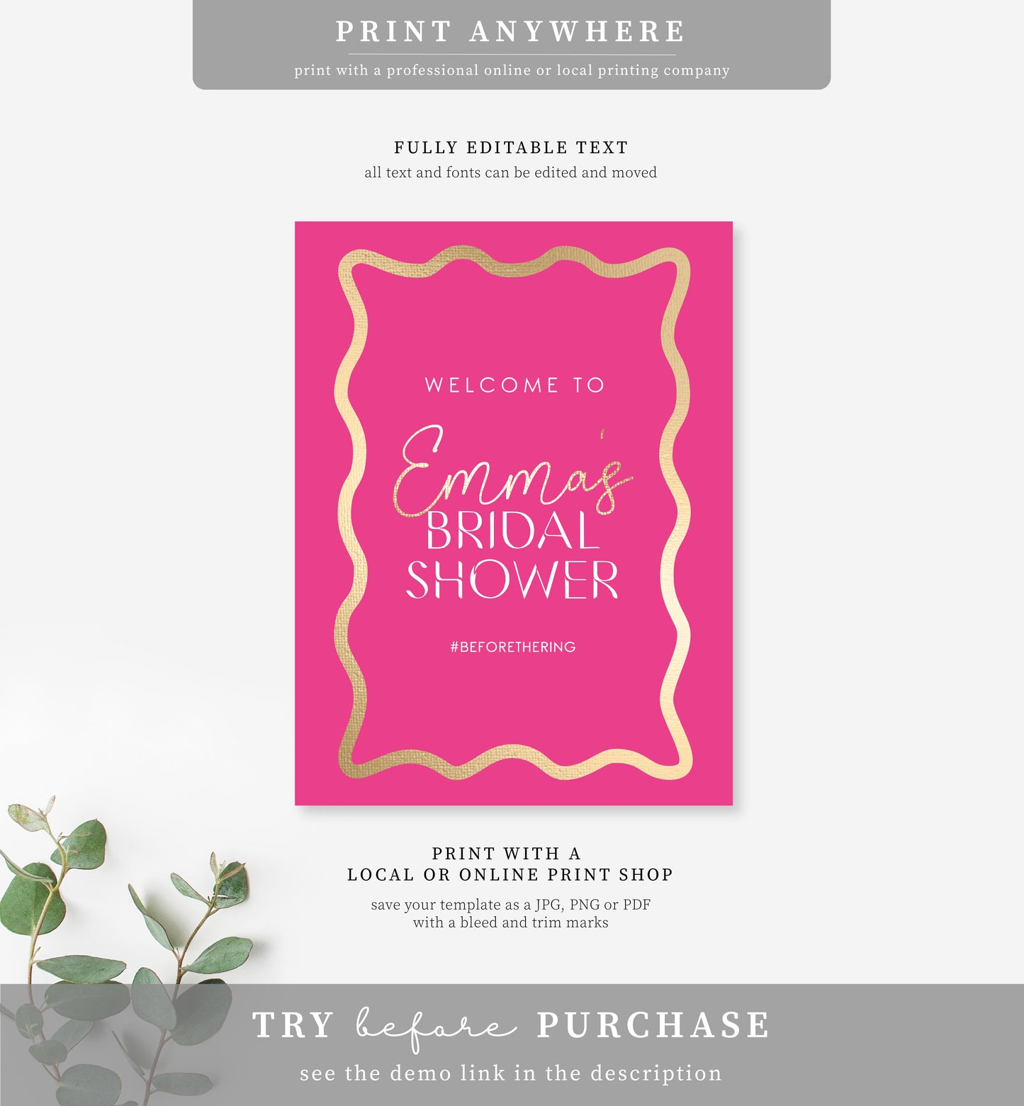 Wave Hot Pink Gold | Printable Welcome Sign Template